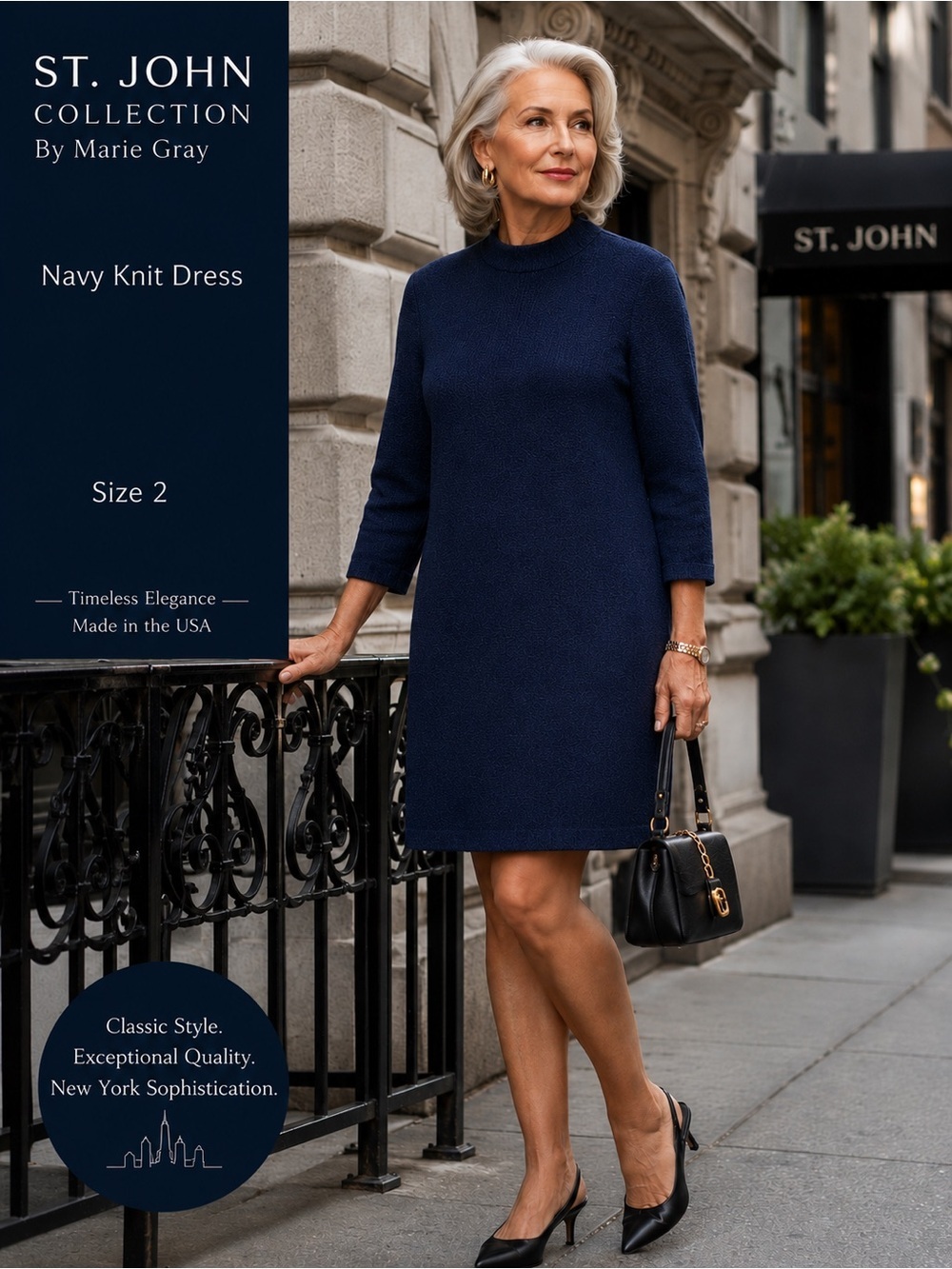 St. John By Marie Gray Collection Santana Knit Navy Long Sleeve mock neck Dress